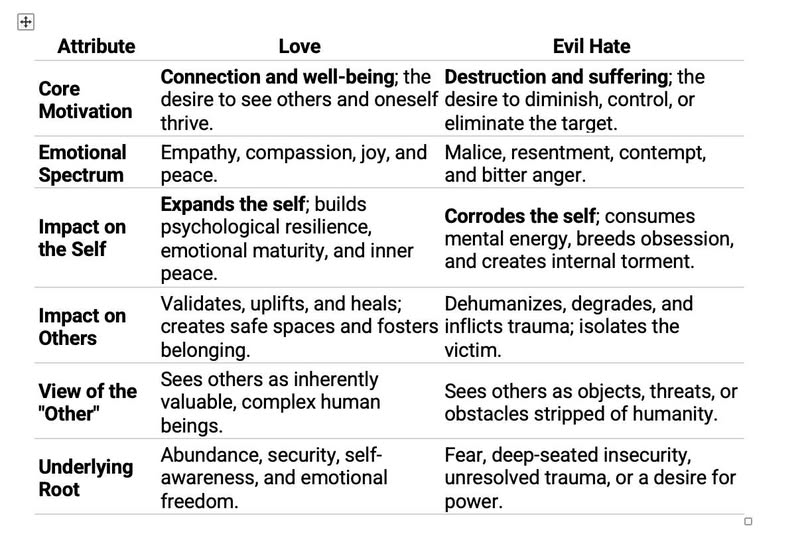 contrasts sincere love with evil hatred